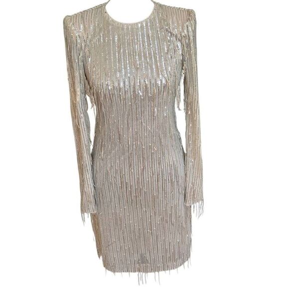 Eliza J Womens Fringed Sequined Long Sleeve Cocktail Party Dress Size 0 - Picture 1 of 14